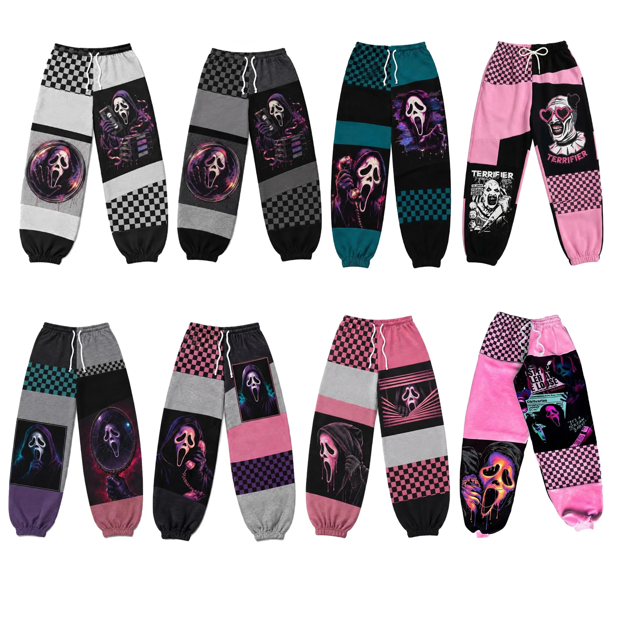 Horror Graphic Jogger Pants | Ghost Face Patchwork Sweatpants | Checkerboard Y2K Streetwear Pants | Gothic Alternative Casual Trousers | Halloween Gift