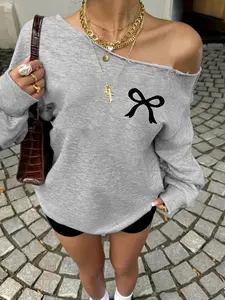 Women's Casual Street Style bow Print Patchwork Sweatshirt, Loose-Fit Asymmetrical Neckline, Fall & Winter Fashion