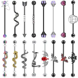 ZS 1PC 14g Stainless Steel Long Industrial Piercing Snake Bat CZ Crystal Ear Stud Black Ear Tragus Cartilage Helix Piercing 38MM