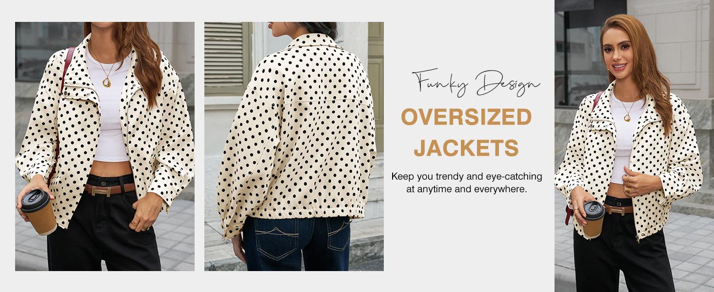 Tankaneo Womens Zip Up Cropped Jackets Polka Dot Oversized Jackets Spring Lightweight Trendy Casual Coats