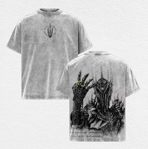Lord of the Rings Sauron Vintage Oversized T-Shirt - Dark Fantasy Acid Wash Graphic Tee - Premium Heavyweight Cotton Retro Aesthetic Streetwear - Perfect Gift for LOTR Fans and Middle Earth Lovers