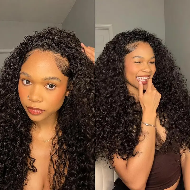 Half Wig Human Hair 200% Density Curly Half Wig 3 In 1 Wear Go Glueless Wigs 18-32 Inch Drawstring Seamless Kinky Curly Flip Over Headband Wig Human Hair Beginner Friendly Natural Black