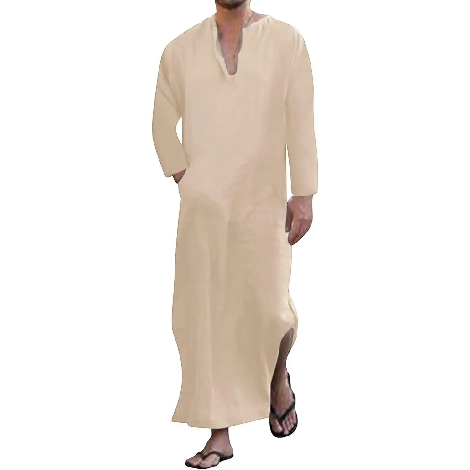 Men's Kaftan Thobe Long Sleeve Men Thobe Robe Side Split Men Thobe with Pockets Casual Thobe