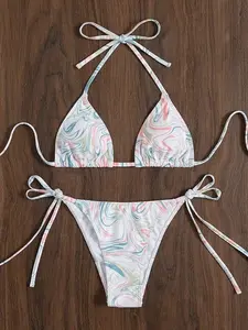 Pastel Marble Print String Bikini Set Sexy Tie Side Swimsuit Women Halter Triangle Top Brazilian Cut Beachwear Summer Vacation Pool Party Swimwear Trendy Y2K Aesthetic Outfit