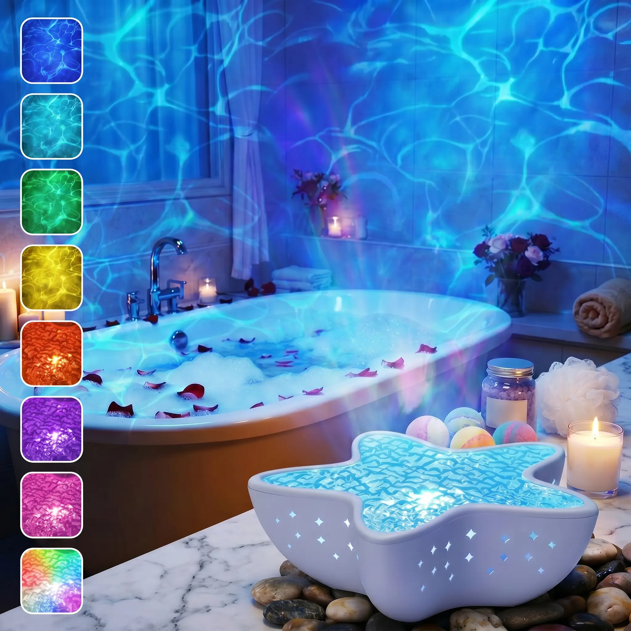 Viral Small Starfish Waterproof Ocean Wave Projector - 16-Color LED, Remote Control, Rechargeable, Wireless, 3D Water Ripple Light for Bathroom Decor, Spa Relaxing, Date Night