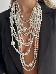 Exaggerated Vintage Elegant Faux Pearl Necklace, Fashion Multi-Layer Long Handmade Beaded Chain, Stylish Layered Pendant Jewelry, Dangling Pearl Necklace