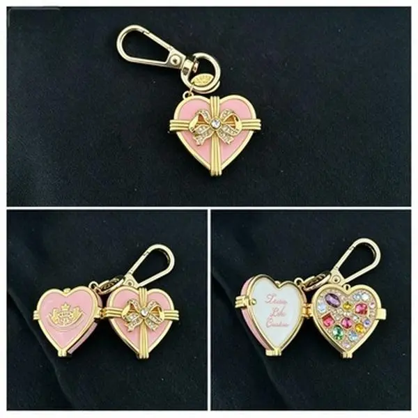 Kawaii Coquette Pink Heart Locket Keychain Sparkling Rhinestone Bow Openable Gift Box Shape Colorful Crystal Interior Vintage Crown Logo Y2K Aesthetic Purse Charms Car Key Holder for Women