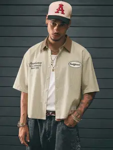 Men's Beige Brown Striped Cropped Short Sleeve Shirt, "California" & "Resilience" Print Casual Button-Up, Relaxed Fit Retro Workwear Top for Street Style & Daily Wear