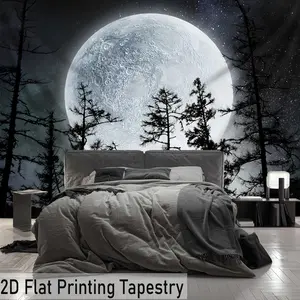 1 piece - Large size - Black and White Moon Forest Night Scene High-Definition Digital Embroidery Tapestry - Polyester material - Home decoration - Comes with hanging clips