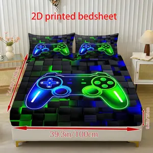 3-piece 3D Neon Square Bed Sheet Set (1 * Bed Sheet+2 * Pillowcase, Core free) Youth themed Bedding Set/Mattress Protective Cover, Soft and Breathable, Suitable for Home and Room Use