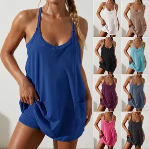 Women's Athletic Sleeveless Mini Dress with Built-in Shorts Summer V Neck Spaghetti Strap Short Spring Tennis Dress with Pockets