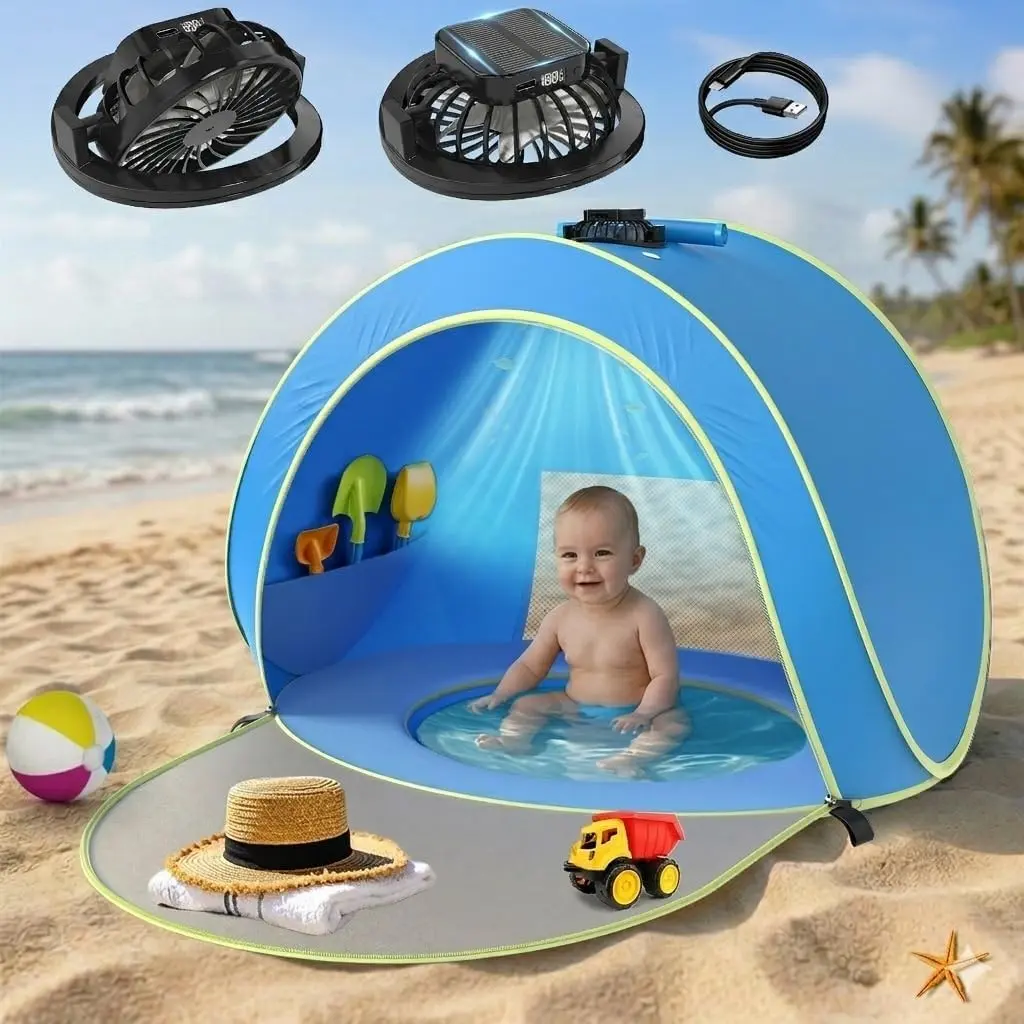 Pop Up Baby Tent with Integrated Solar Cooling Fan, Anti-UV UPF 50 UV Protection Portable Travel Sun Shade Baby Beach Pool for Outdoor Beach Travel