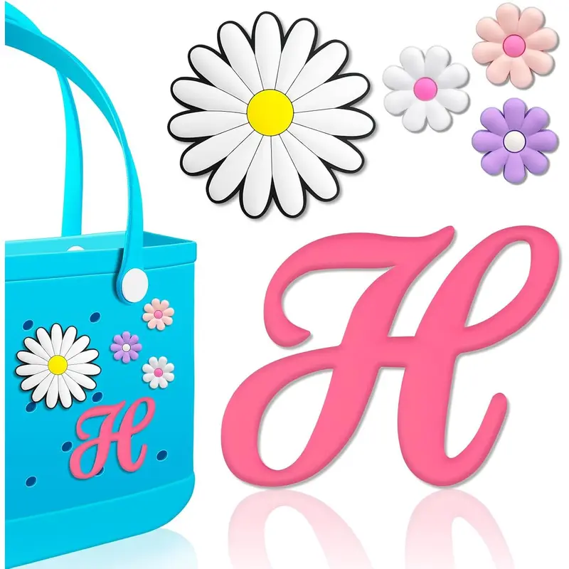 5pc Mix & Match Customizable Floral Alphabet Bag Charm Set - Clips, Insert Pendants, Accessories for Bags, Fits Bogg/Rubber Totes, Gift-Ready Handbag Decor