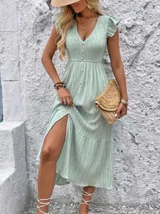 Women's Solid Color Shirred Dress, Summer Clothes Women, Elegant Fashion Casual V Neck Cap Sleeve Dress for Daily Outdoor Wear, Women Dress for Summer, Boho Chic Dress, Boho Style Dresses, Womenswear