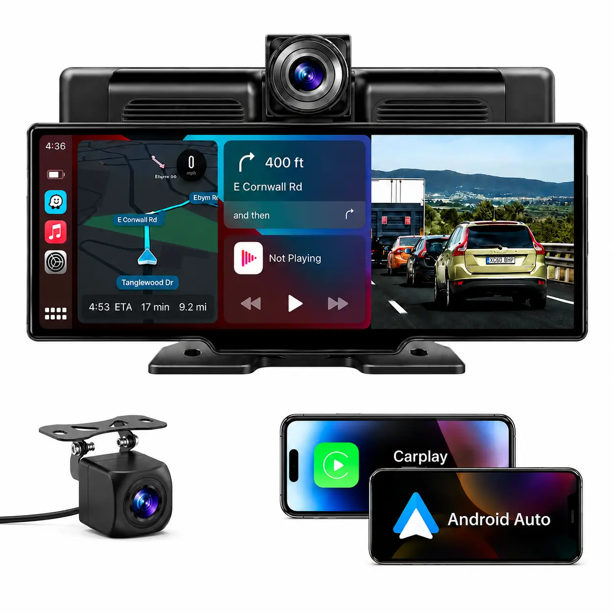 10.26" Wireless CarPlay Screen with 4K Dash Cam & 1080P Backup Camera, Android Auto Car Stereo, GPS Navigation, Voice Control, Siri, Mirror Link, AUX, FM Car Multimedia Display
