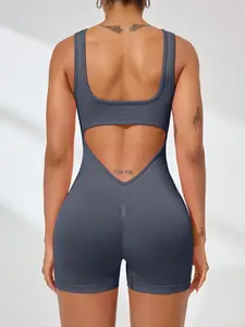 Women's Solid Racer Back Sports Tank Romper, Casual Sporty Comfy Breathable Sleeveless Activewear Romper for Yoga Gym Workout, Ladies Sportswear for All Seasons