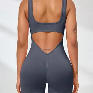 Women's Solid Racer Back Sports Tank Romper, Casual Sporty Comfy Breathable Sleeveless Activewear Romper for Yoga Gym Workout, Ladies Sportswear for All Seasons