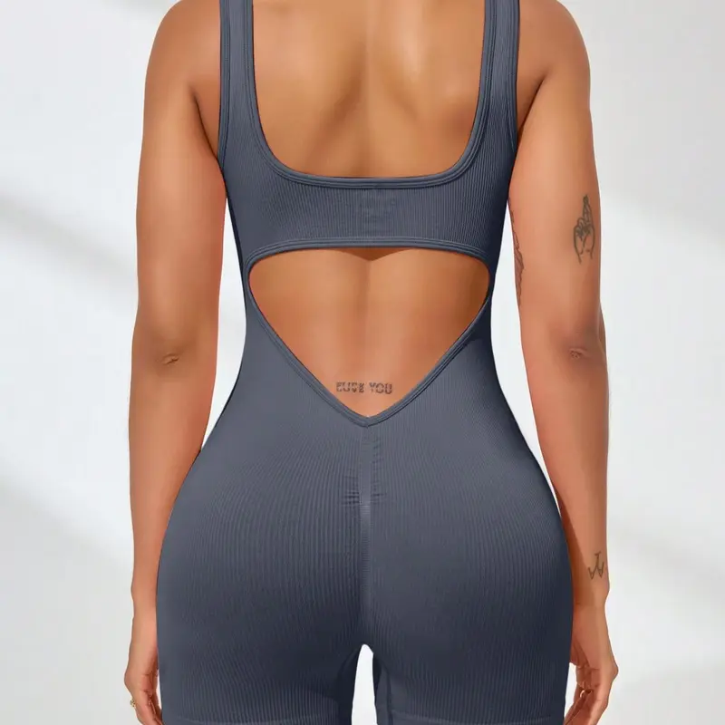 Women's Solid Backless Sports Tank Romper, Casual Sporty Comfy Breathable Sleeveless Activewear Romper for Yoga Gym Workout, Ladies Sportswear for All Seasons