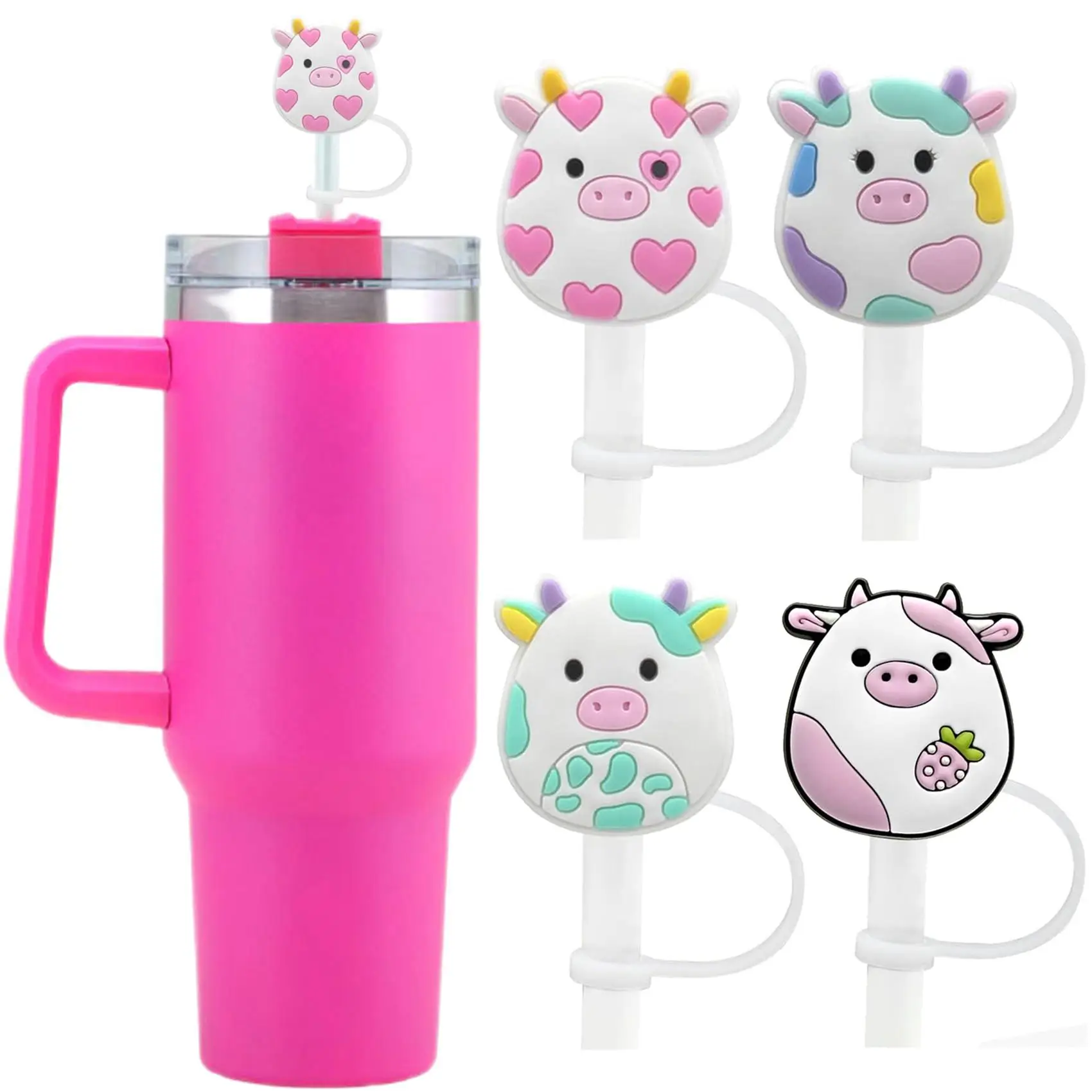 Cartoon Animal Design Straw Cover, 4 Counts/set Leakproof Cute Straw Topper, Straw Tip Cover for 30 & 40oz Water Bottles [without Water Bottles], 202