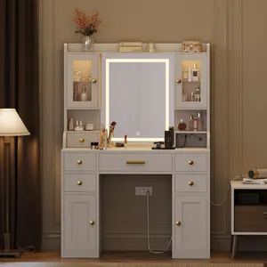 Gorgeous White Makeup Vanity Desk with LED Lighted Mirror & Charging Station, Features 6 Drawers, 2 RGB Storage Cabinets & Open Shelves, 3 Lighting Modes for Bedroom