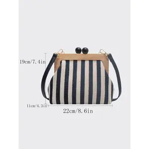 Women's Vintage Striped Canvas Kiss Lock Purse Adjustable Strap Crossbody Bag Summer 2025 Shoulder Bag Perfect Gift for Girlfriend Work & Daily Use