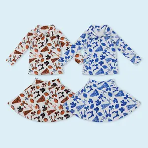 Blue bow football pullover top skirt kids girls team active wear set