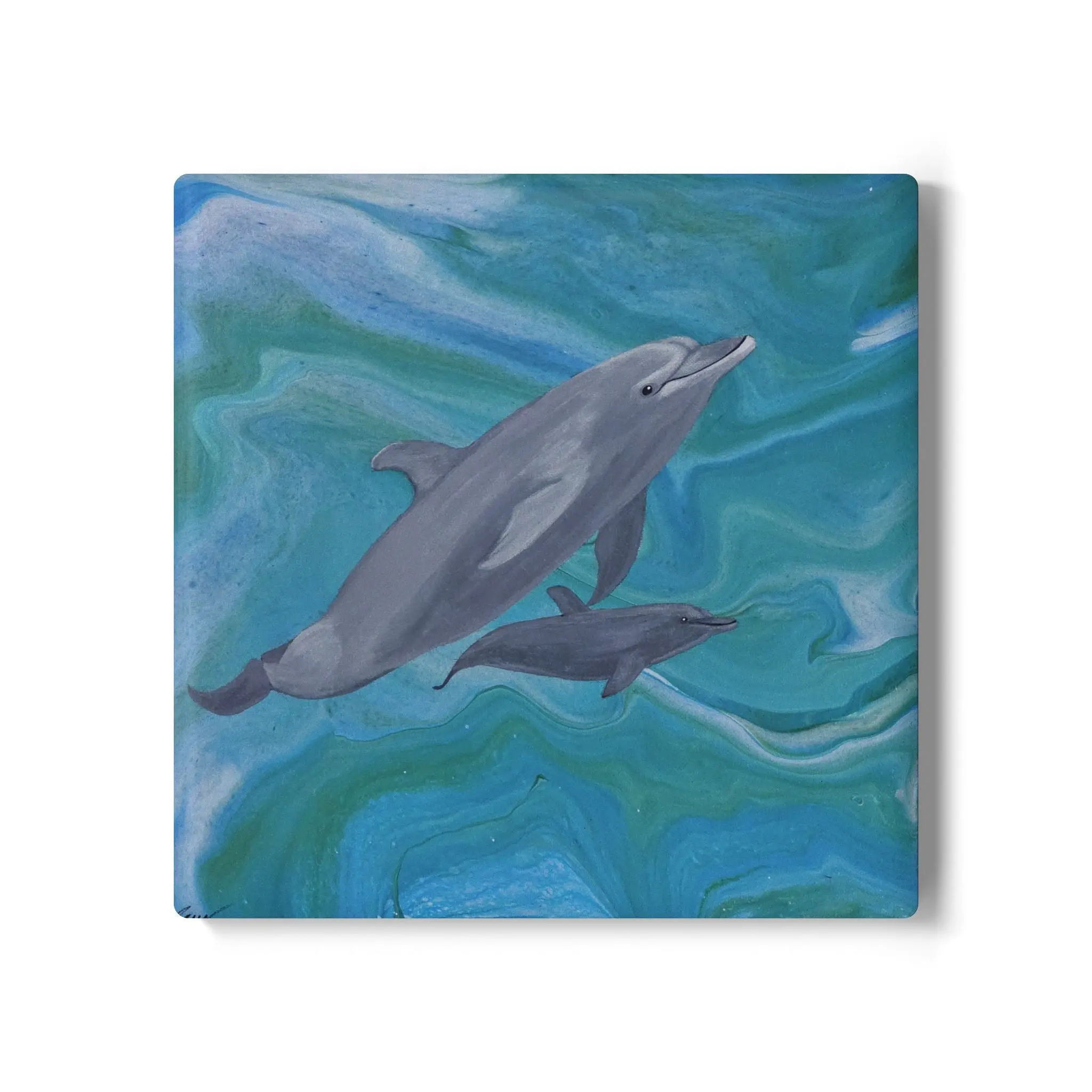 Ceramic Drink Coasters - Blue and White Ocean Theme Dolphin Waves Marble Design, Round & Square Non-Skid Placemats & Coasters for Adult Watch Party, Easy-to-Wipe-Clean Kitchen Tableware