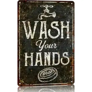 Wash Your Hands Soap & Faucet 12x8 Inch Aluminum Metal Sign - Classic Bathroom Wall Decor for Home, Restaurant, Office, and School - Retro Tin Sign Gift for Hygiene Lovers & Business Owners