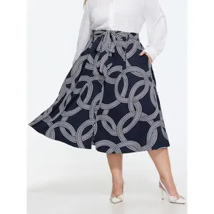 BLOOMCHIC Plus Size Abstract Print Waist-Tie Maxi Skirt [M-6X]2026 Spotlight,Summer wins,Deals for you days summerwins, Polyester, Geometric