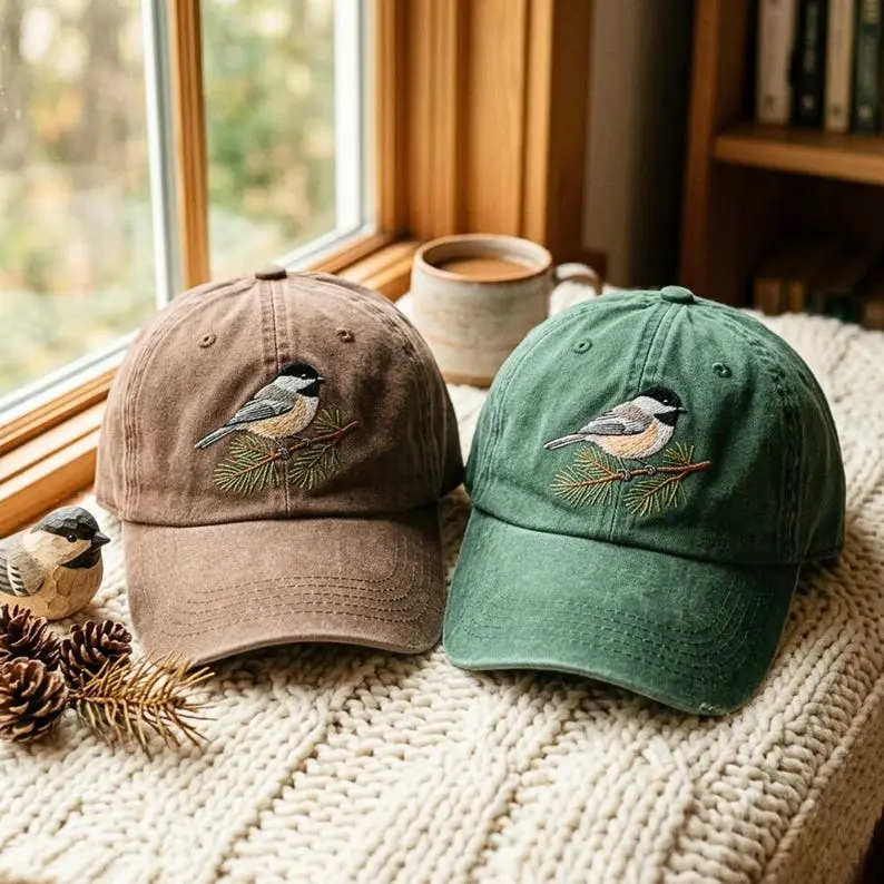 Washed Cotton Cap with Embroidered Chickadee Bird Design, Adjustable Strap, Hand Wash Only Hats, Cotton Fabric, Memorial Day, Everyday Wear, Unisex Fit, Baseball Cap, Animal Pattern Hats, Daily, Evening, Fitted, Embroidered Hats, Animal-Themed Hats