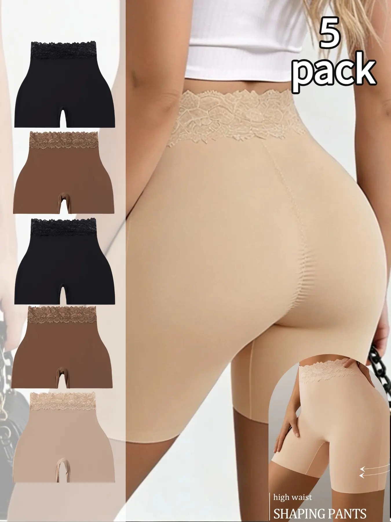 Women's High-Waisted Fitted Compression Shapewear Flat Belly Shaper Boxer Shorts, Lace Waist Fashion Seamless Breathable Underwear, Casual Sporty Everyday Panties, Fit, 5 Pcs Set