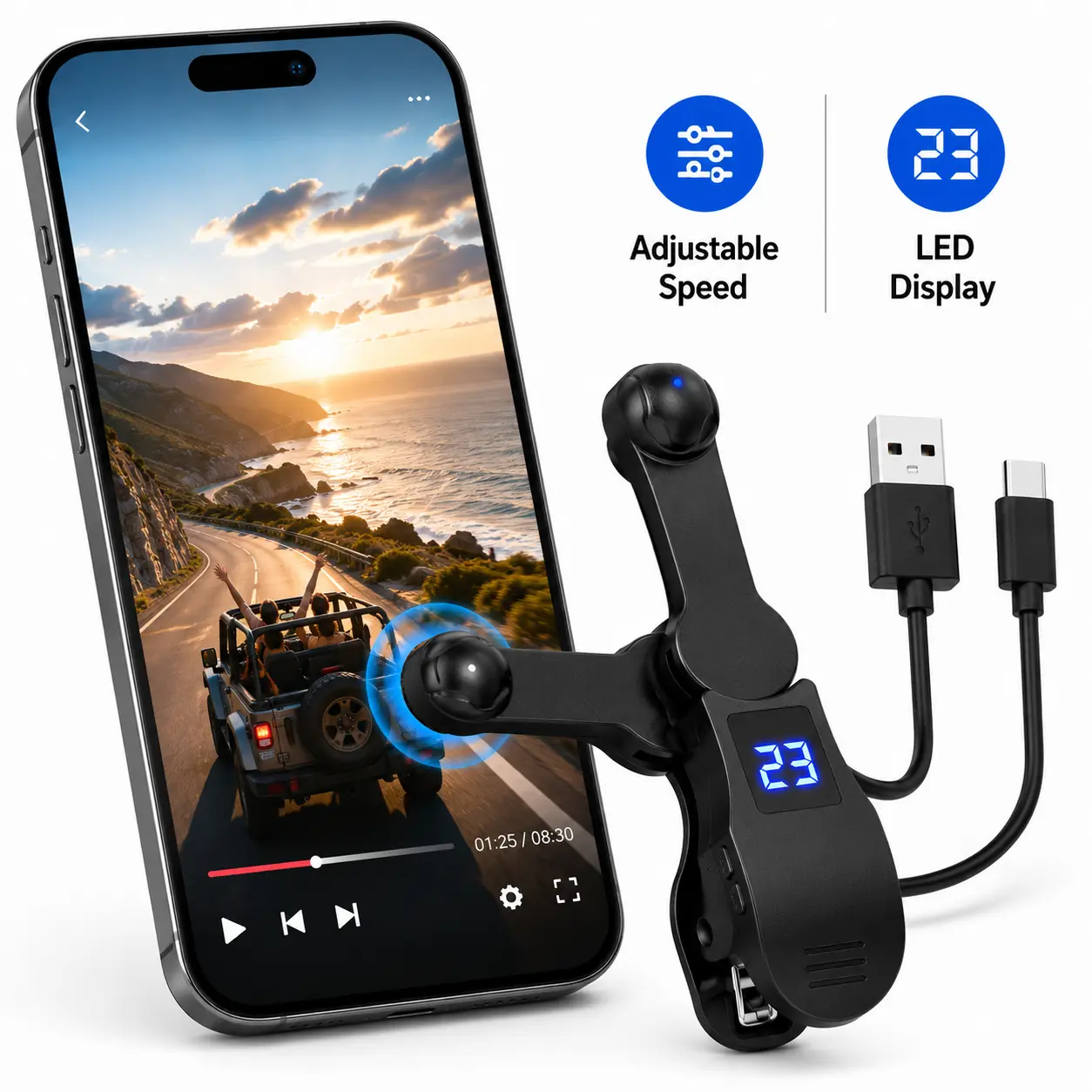 Auto Clicker for Phone, USB Powered Screen Tapper with Adjustable Speed, LED Display, Quiet Automatic Touch Device, Universal Phone Clip for Reading, Mobile Games & Daily Repetitive Tasks