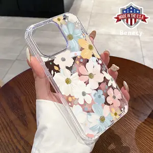 Magnetic Phone Case for iPhone 16 15 14 Pro Max 13 12 11 XR XS Plus E Light colored flowers Pattern Acrylic Back Silicone Edges Scratch-resistant Skin-friendly Feel Cover