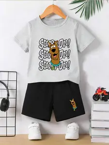 Boys Summer Short Sleeve Shorts Set, Classic Scooby-Doo Dog Print, Breathable Fabric, Round Neck, Loose Fit, Casual Style