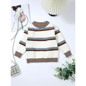 [Cozy Kids' Sweater] Soft Cozy Kids' Crew Neck Sweater| Casual Striped Knit Pullover with Medium Stretch, Long Sleeves Fall/Winter| Viscose (50%) Polyester (28%) (22%) Blend