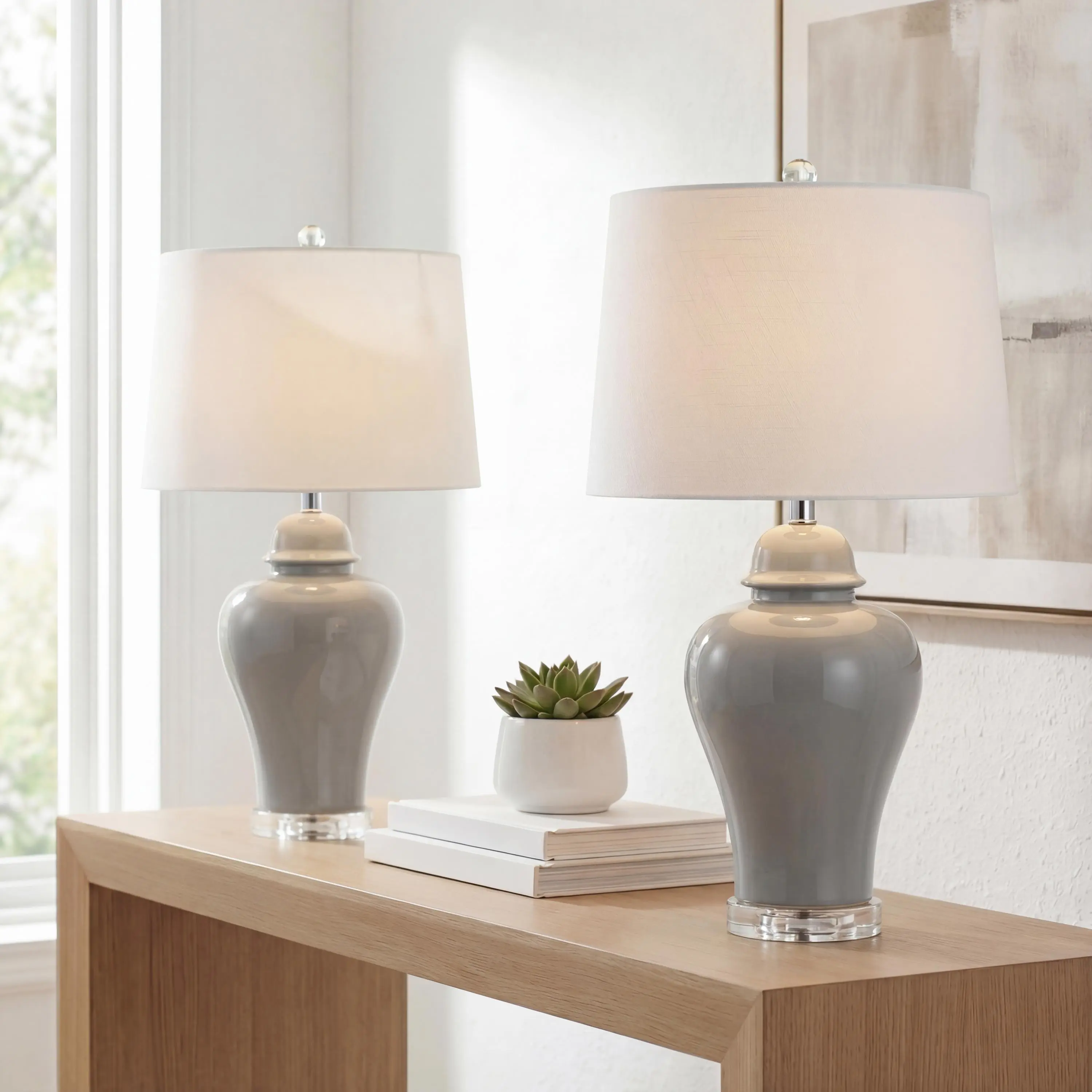 JONATHAN Y Winnie 27" Ceramic Urn LED Table Lamps (Set of 2) - Indoor Room Decor, White Cotton-Linen Fabric Drum Shade, Polished Acrylic Base, Crystal Finial, Silk Cords, LED Bulb Included, 100W Type A Compatible Farmhouse Accent