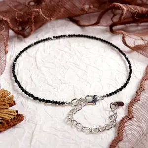 Natural Black Tourmaline 2mm Beads Ankle Bracelet Healing Balance Reiki Women Men Crystal Handmade Sliver Chain Anklet Gifts Positive Energy Protection