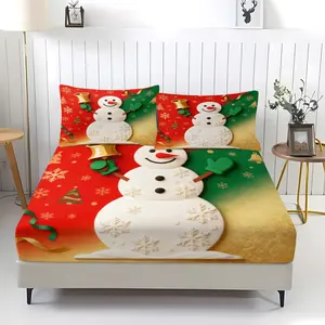 Set of 3 Christmas Collection Little Snowman Pattern Fitted Sheets, Comfort Printed Pattern, Includes 1 Flat Sheet and 2 Pillowcases, Comfortable Bedding, Non-Slip Dust Cover for Bedroom and Guest Room, Suitable for Kids and Adult Gifts