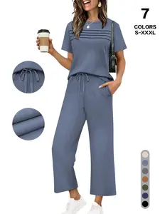 Women's 2-Piece/4-Piece Casual Short Sleeve Pajama Set, Breathable Top + Drawstring Pants with Pockets, Fashionable Home Wear, Loungewear
