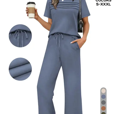 Women's 2-Piece/4-Piece Casual Short Sleeve Loungewear Set, Breathable Top + Drawstring Pants with Pockets, Fashionable Homewear
