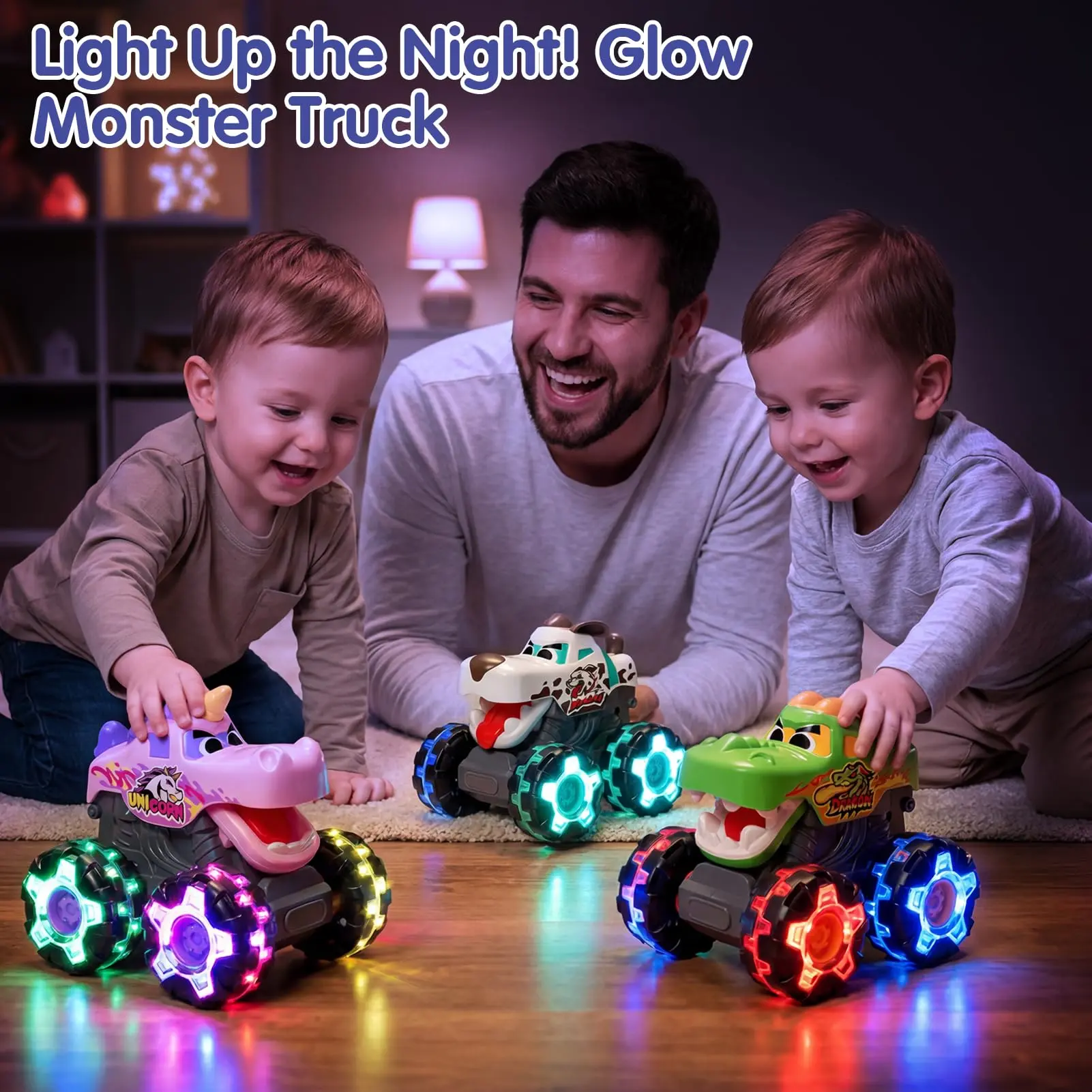 HOLA 3-Pack Unisex Light Up Monster Trucks for Ages 1+,1-5 Year Olds - AAA/ABS Push & Go Cars with Color-Changing LED Wheels, Chomping Mouth - Dragon Unicorn Dalmatian Toy Vehicles for Birthday Gifts, 3 - 4 Years, 4.5 × 4.1 × 3.7 In