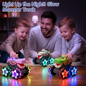 HOLA 3 Pack Light Up Monster Trucks for Toddlers – Push and Go Cars with Color Changing LED Wheels & Chomping Mouth – Dragon Unicorn Dalmatian Toy Trucks for Boy Girl Birthday Gift