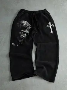 Men's Casual Comfy Sporty Long Pants, Jesus & Cross Pattern Print, Drawstring Wide Leg, Loose Fit, All Seasons, Natural Waist