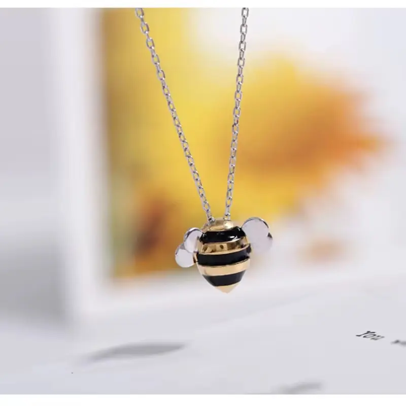 925 Sterling Silver Gold-Plated Enamel Bee Pendant Necklace | Cute Animal Design Jewelry for Women