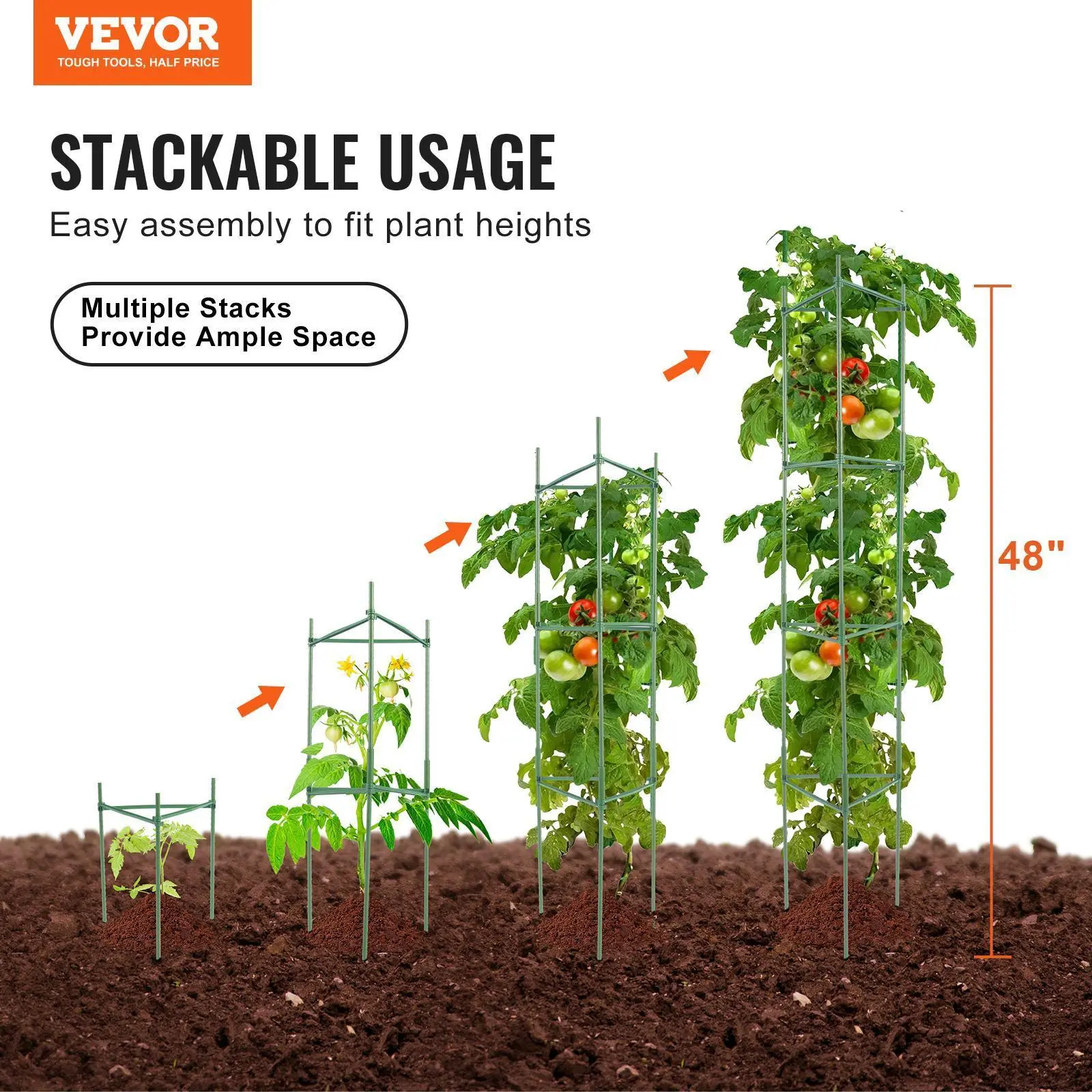 【SummerFinds】VEVOR 6 Packs Tomato Cages for Garden,  , 48 inch Tomato Trellis Plant Stakes Support, Stackable Tall Plant Support Cage, for Raised Garden Bed, Vegetables Flowers and Climbing Plants