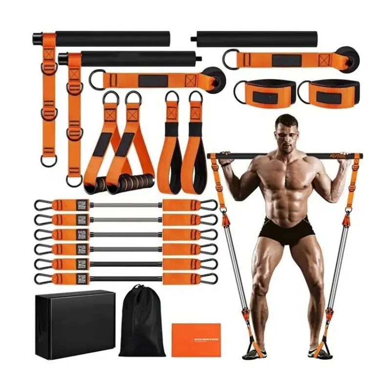 Adjustable Pilates Bar Set with Resistance Bands, Home Workout Band, Home Gym Fitness Equipment, Multifunctional Auxiliary Tools, Yoga Exercise Rope, Adjustable Straps