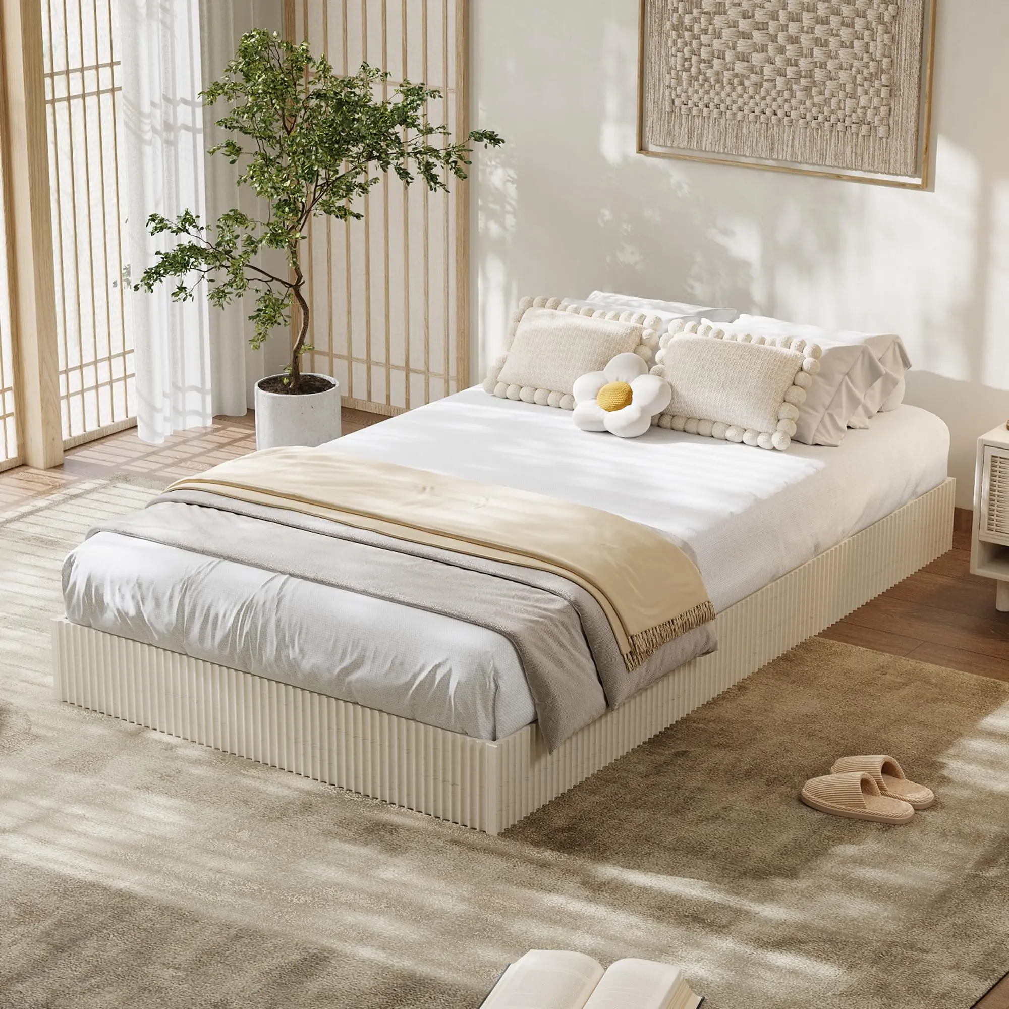 Garvee Minimalist Twin Size Fluted Wood Platform Bed Frame in Cream White - Low Profile, Noise-Free Design, Easy Assembly, No Box Spring Required