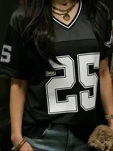 Women's Oversized V-Neck Football Jersey T-Shirt, Number 25 Graphic Sporty Tee For Streetwear Casual Outfits
