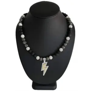 Iced Bling Disco Ball Rhinestone Crystal Bead Baseball Necklace Black Hematite Lightning