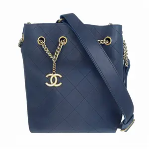 Pre-owned CHANEL Calfskin Shoulder Bags Quilted On My Shoulder Drawstring Bag Small Blue